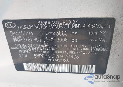 2015 Hyundai Elantra Se from USA, damaged, VIN 5NPDH4AE2FH621408
